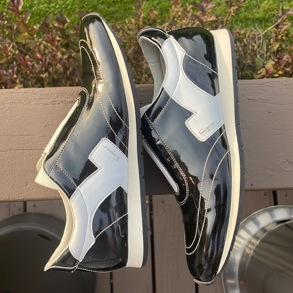 Salvatore Ferragamo Black Patent and White Leather Slip On Sneaker Shoes 10 B - Picture 11 of 16